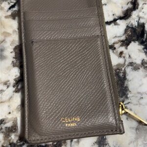 Celine Gray Leather Card Holder with Gold Accents